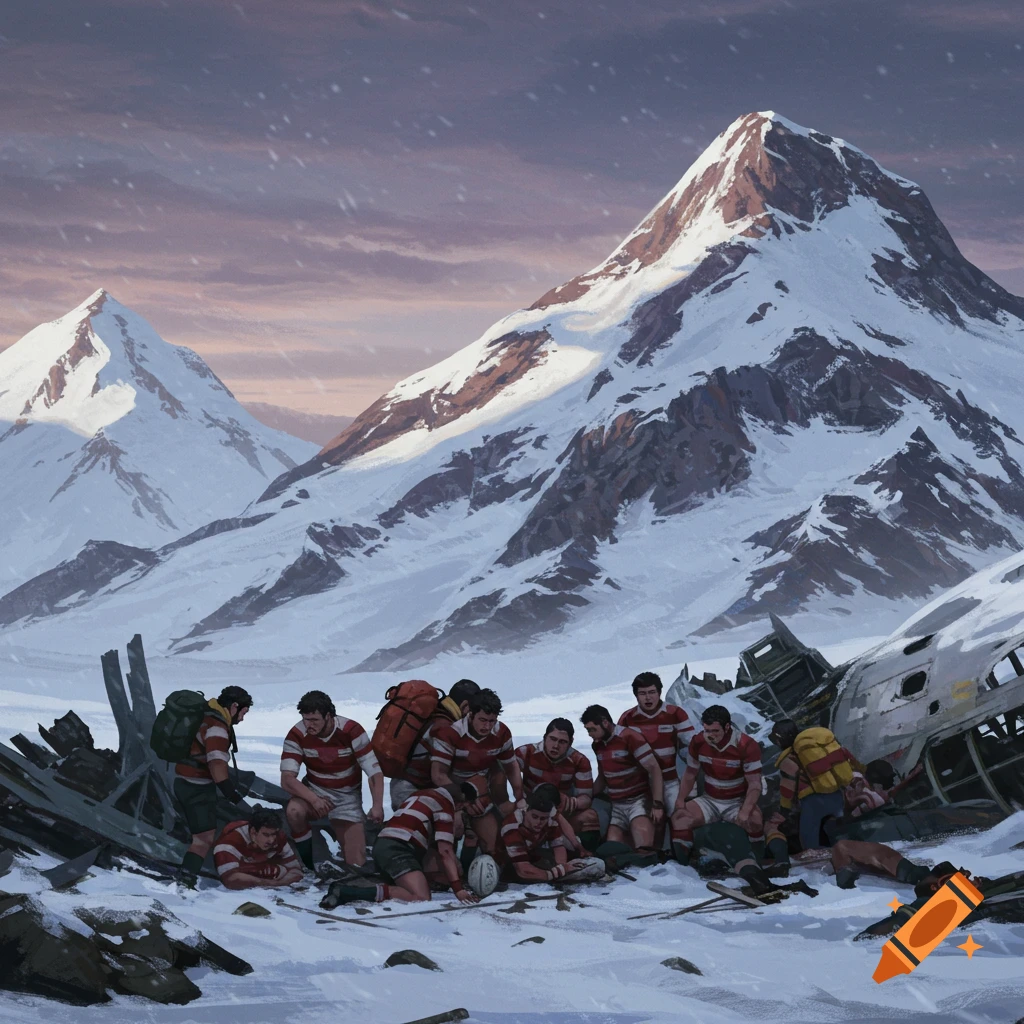 A group of men in rugby uniforms gathered in the snow near a crashed plane with mountains in the background.