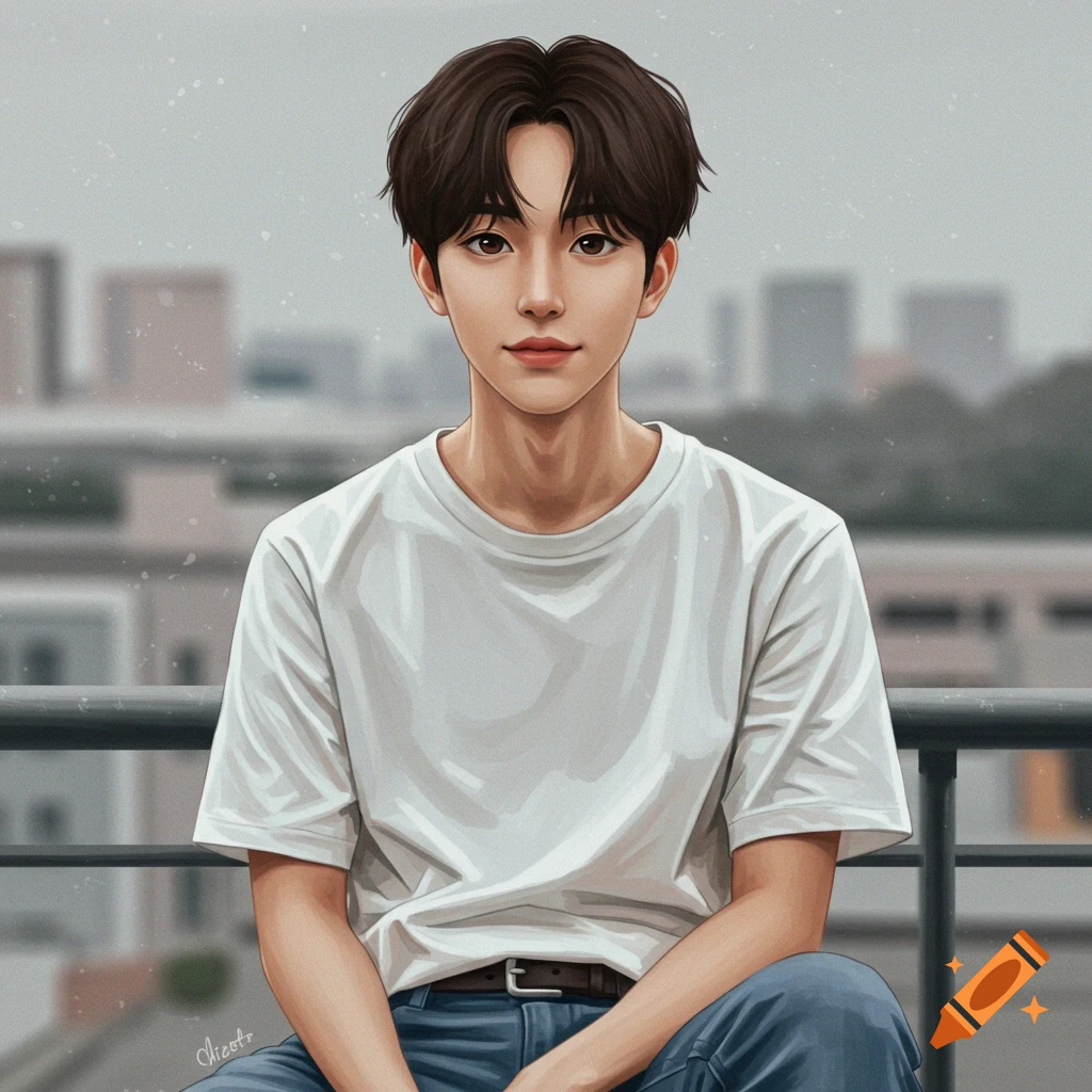 A young man in a white t-shirt sits on a railing with a city view.
