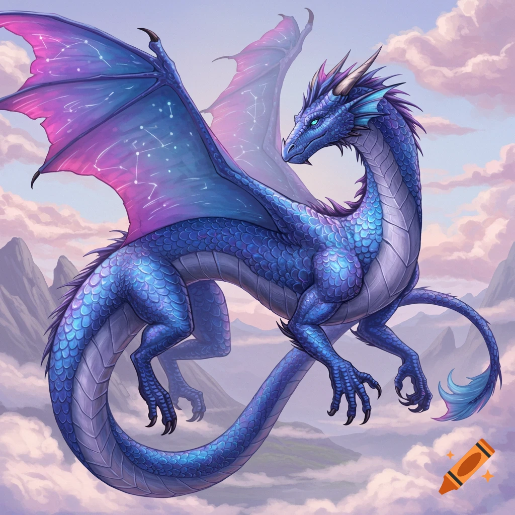 A blue and purple fantasy dragon with constellation markings on its wings flies through clouds above mountains.