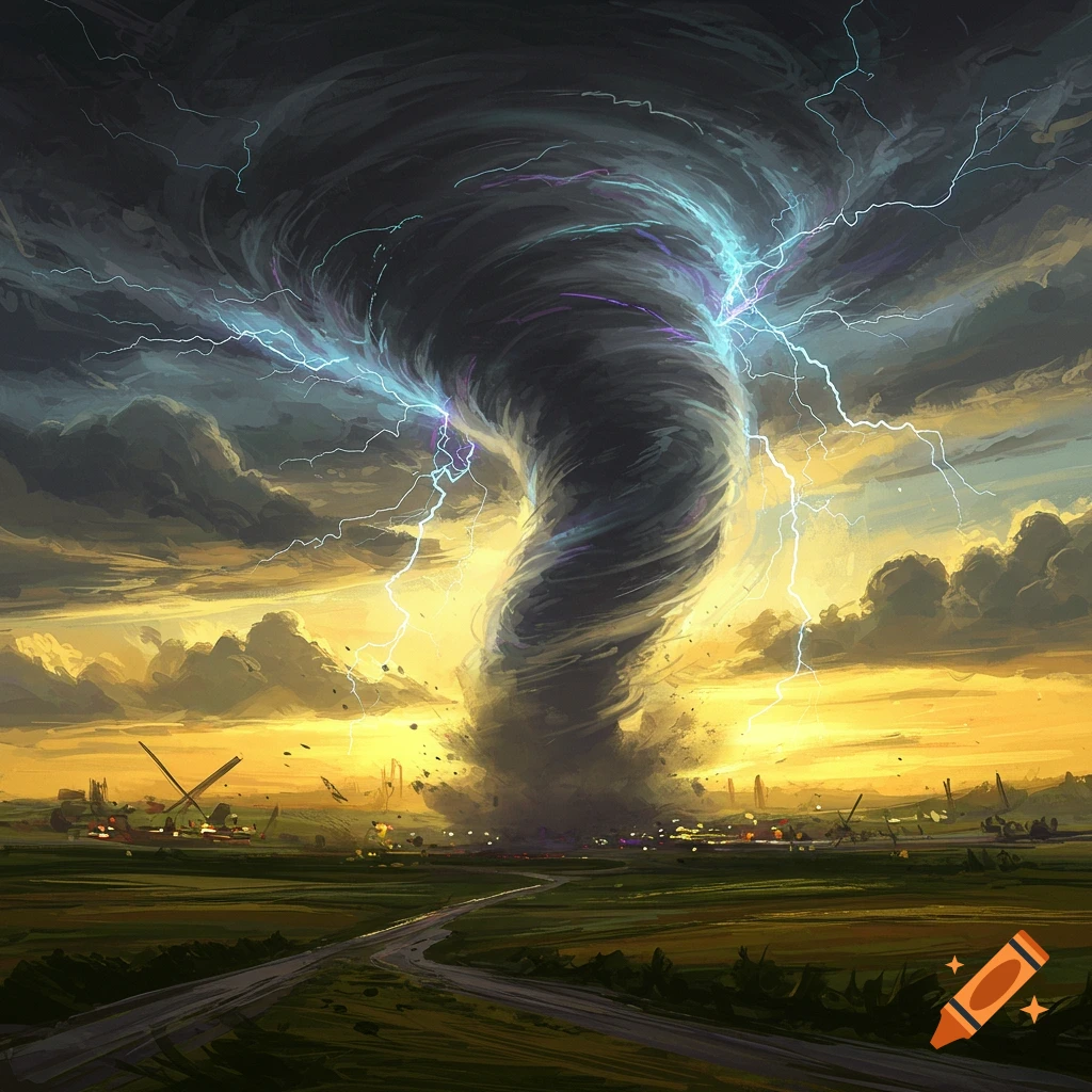 A large dark tornado with lightning striking, over a green field and distant town under a stormy yellow sky.