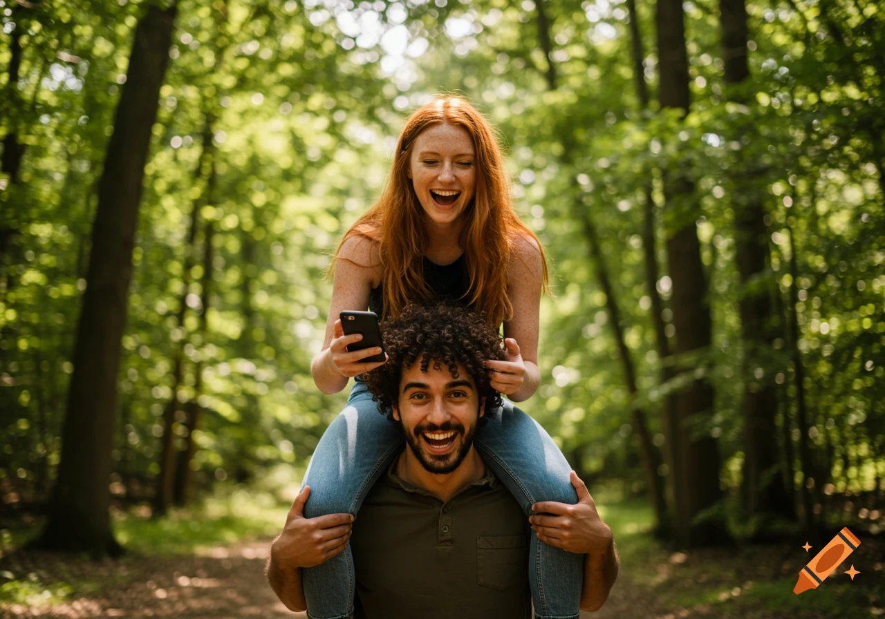 A woman riding on a man’s shoulders uses her phone in the woods.