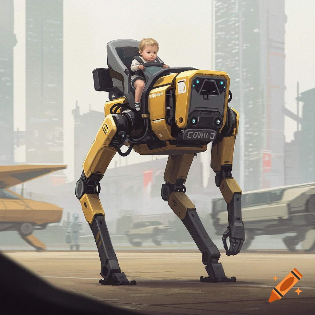 A baby rides on a yellow and black futuristic robot walker in a city street.
