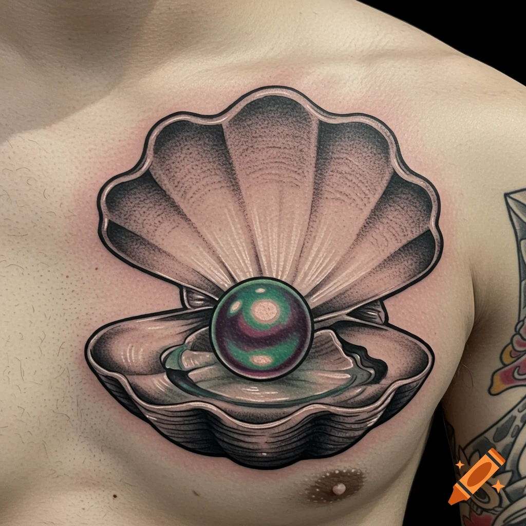 A tattoo of an open clam shell with a shimmering pearl inside, on a person's chest.