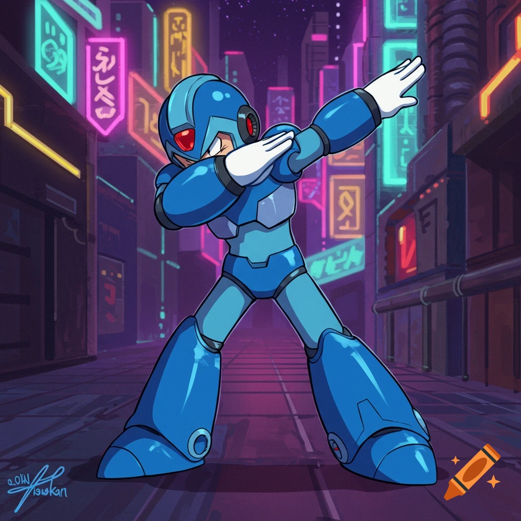 Mega Man X dabbing in a neon-lit futuristic city street.