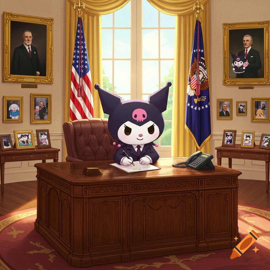 Kuromi, the Sanrio character, sits at the desk in the Oval Office, signing a document.