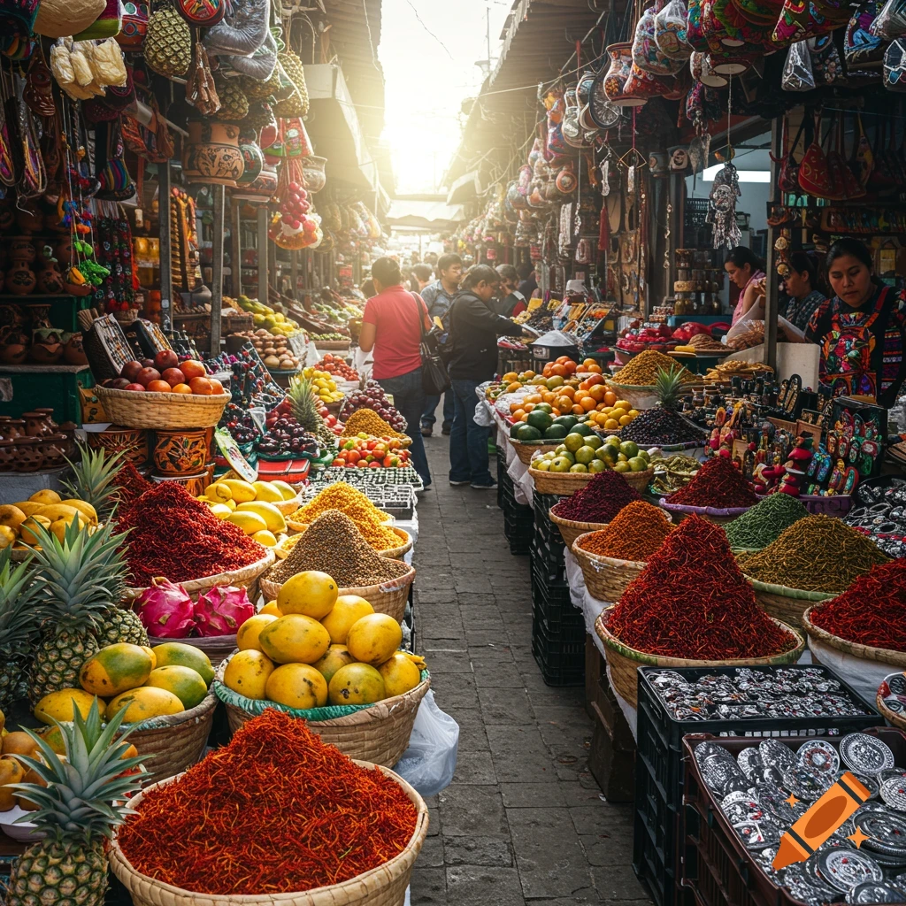 Busy market scene filled with colorful fruit, spices, and handmade crafts under sunlight.