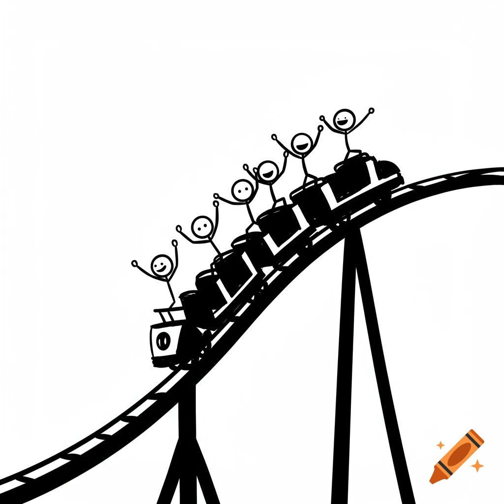 Black and white drawing of stick figures riding a roller coaster with their hands up.