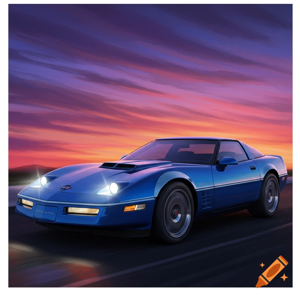 A blue C4 Corvette driving at sunset