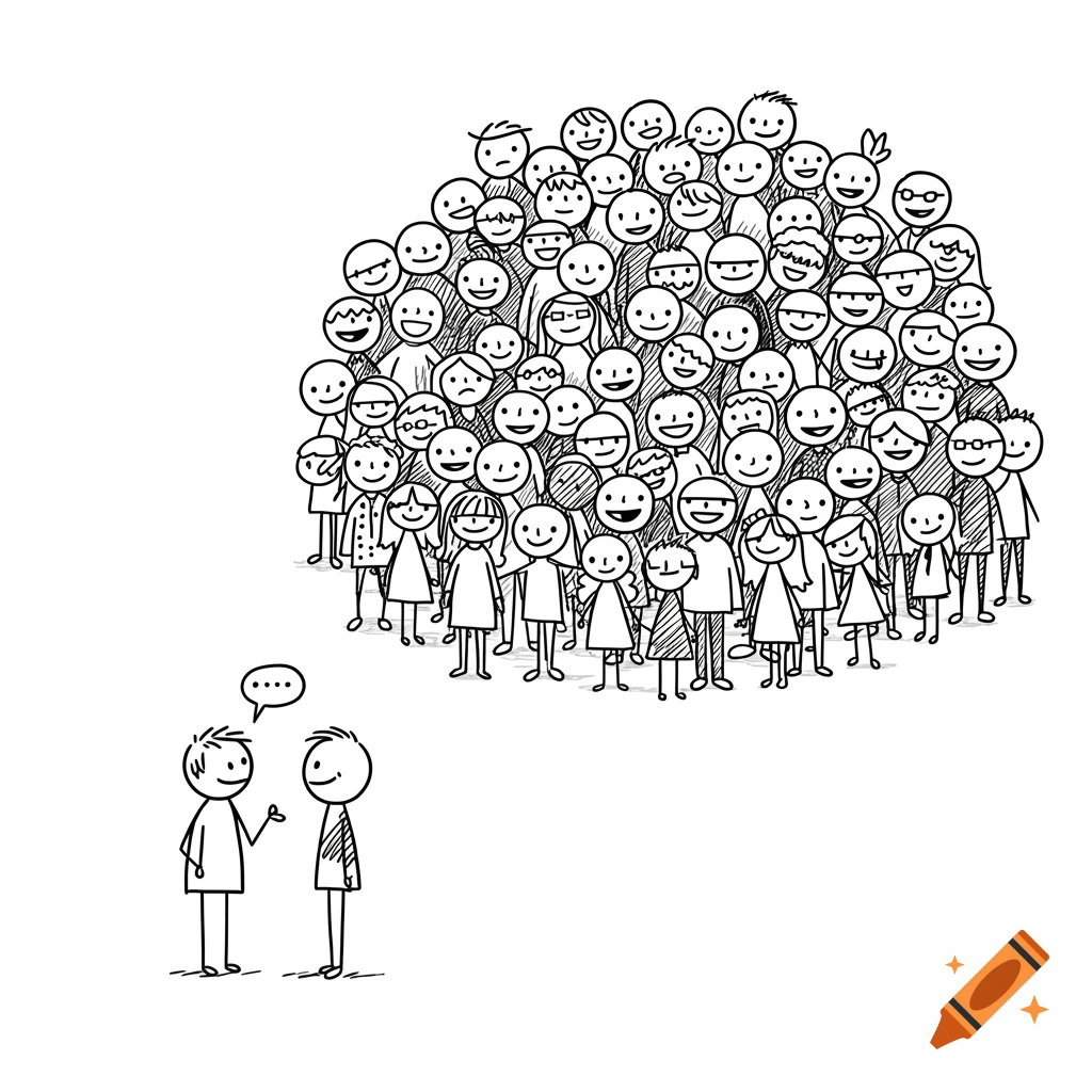 Simple stick figure drawing of two people talking in front of a large crowd