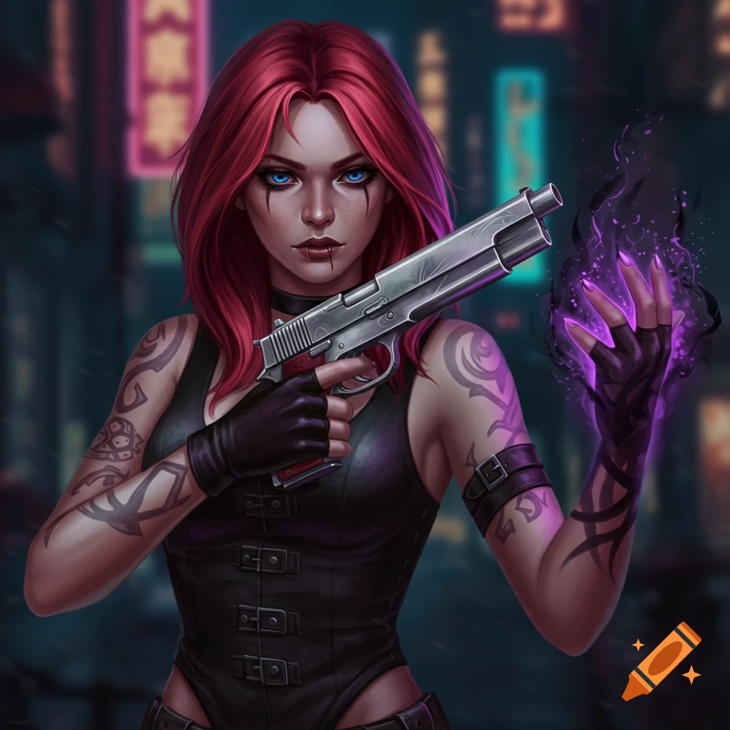A red-headed woman holds a pistol, surrounded by purple magic in an urban setting.