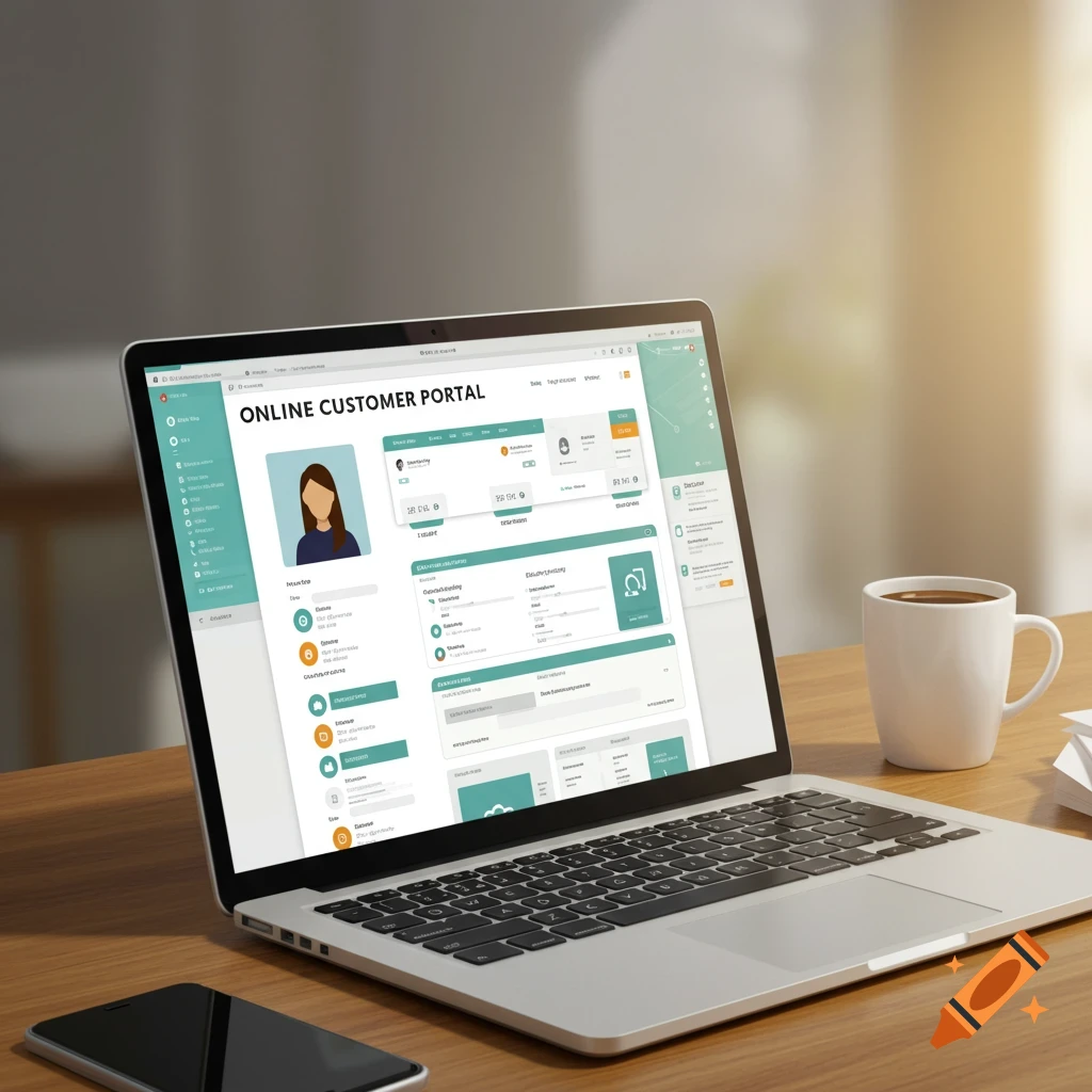 Laptop displaying an online customer portal, with a phone and coffee cup on a desk.