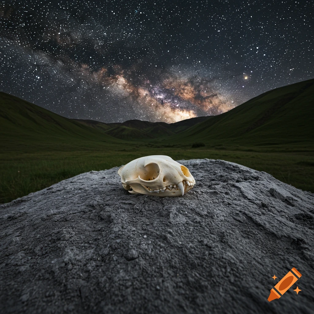 A weasel skull sits on a rock in a green valley under the Milky Way on a moonless night.