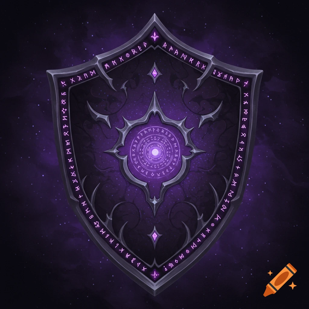 A dark purple shield with glowing runes and a magical center against a starry background.