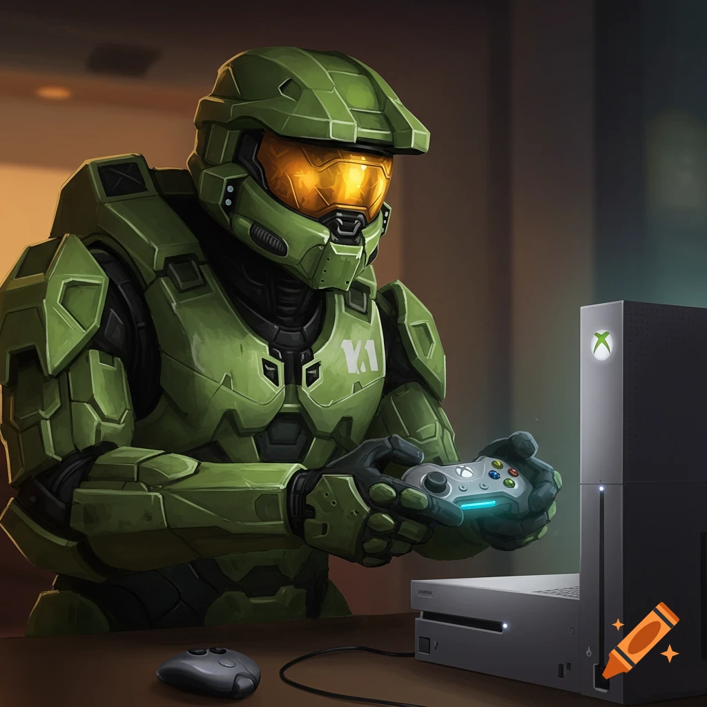 Master Chief in his green armor playing an Xbox console.