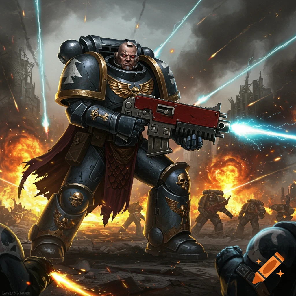 A Space Marine in power armor holds a bolter rifle in a futuristic battlefield.