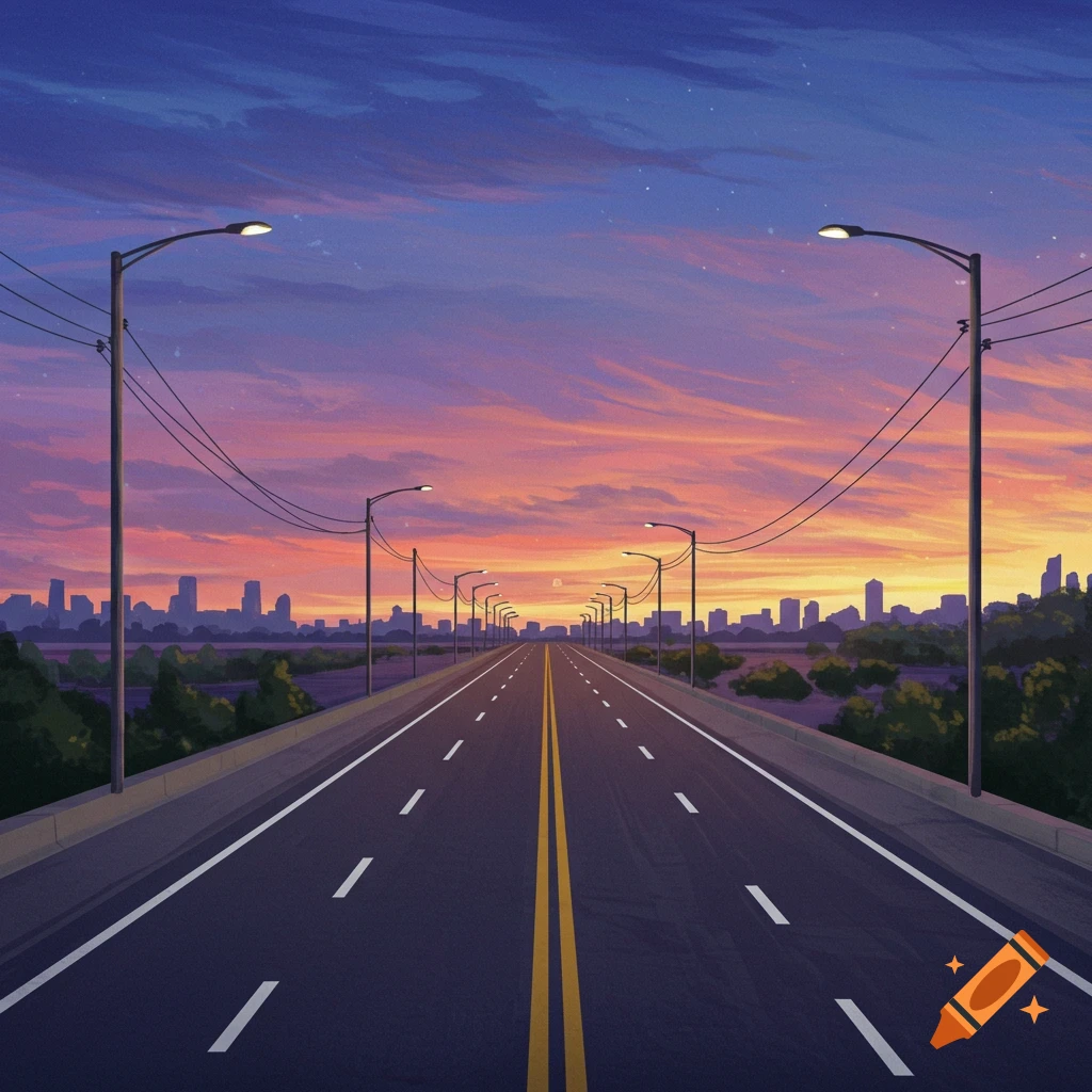 A highway leads towards a city skyline at sunset with streetlights visible.