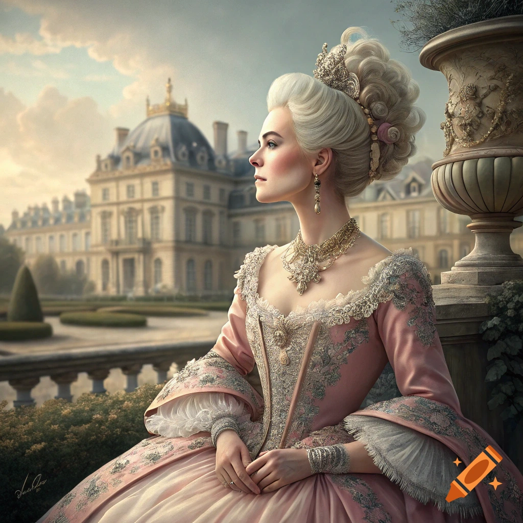 Woman in elaborate historical gown and wig seated in a garden overlooking a palace.