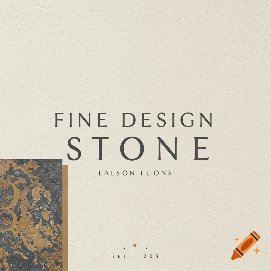 Minimalist design with text 'FINE DESIGN STONE' and 'EALSON TUONS' on textured background with gold accents.