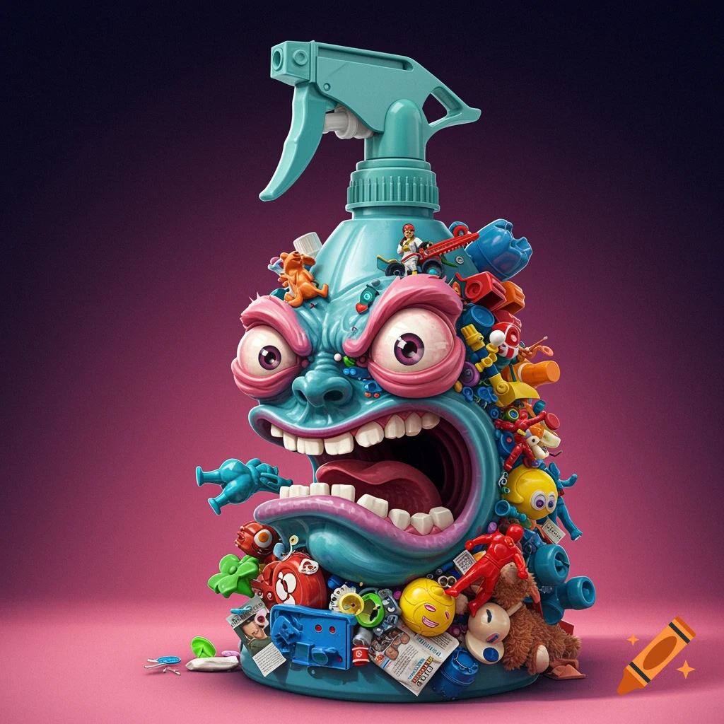 Surreal monster of an angry spray bottle, covered in toys