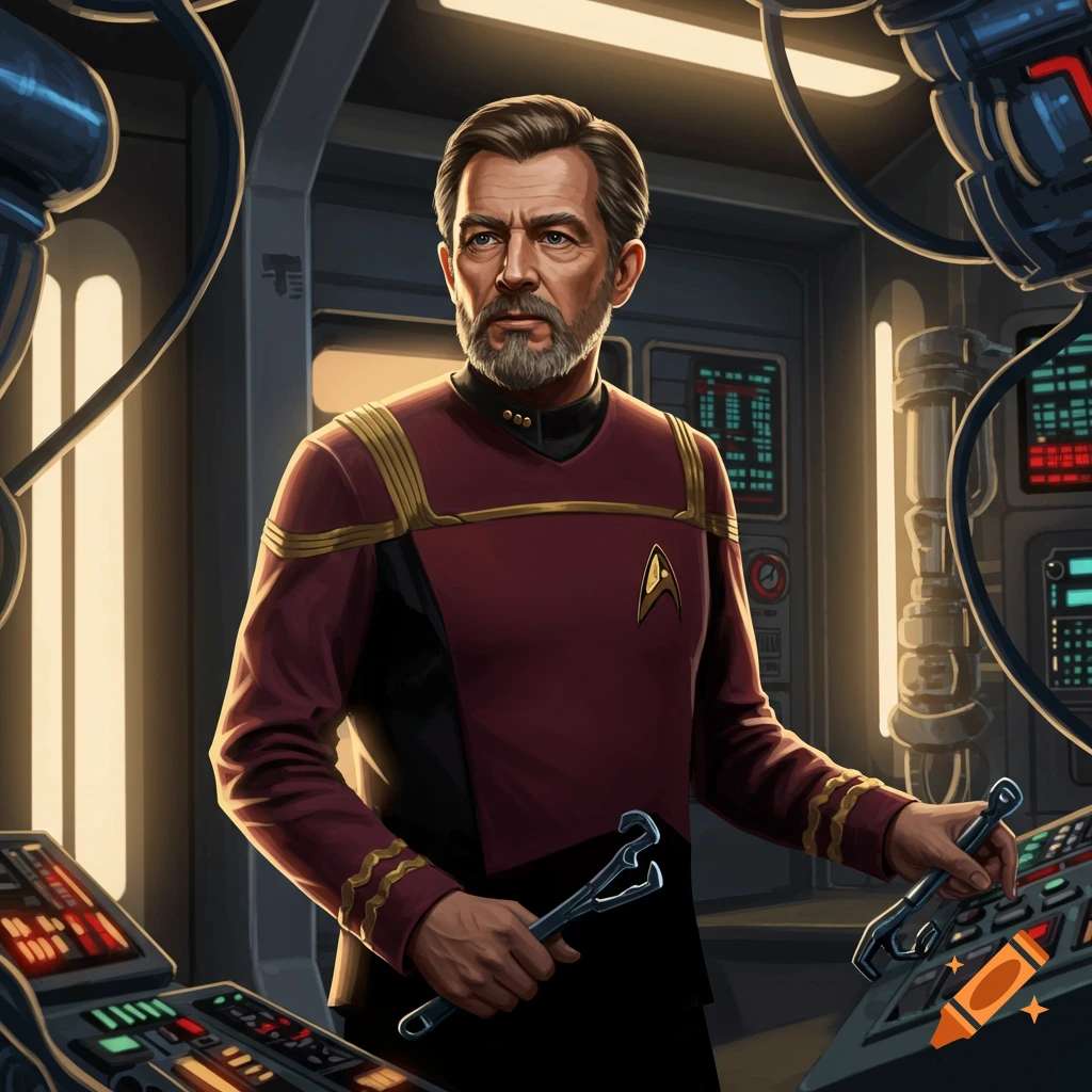 A Star Trek engineer holding tools in a control room.
