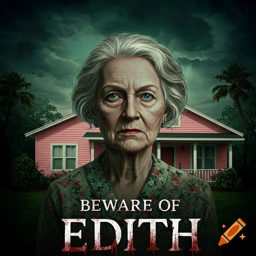 Horror movie poster for 'Beware of Edith' featuring a stern older woman in front of a pink house under a stormy sky.