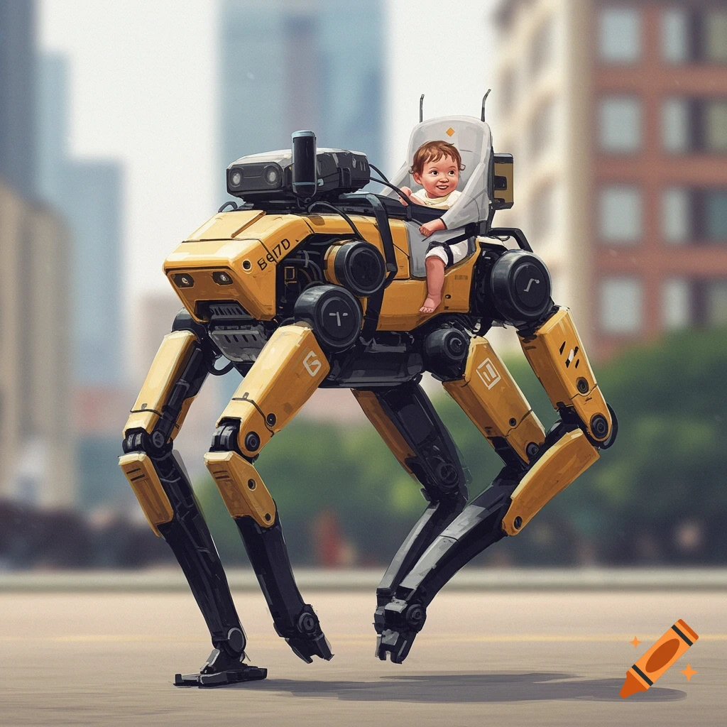 A baby rides a yellow multi-legged robot in a city street.