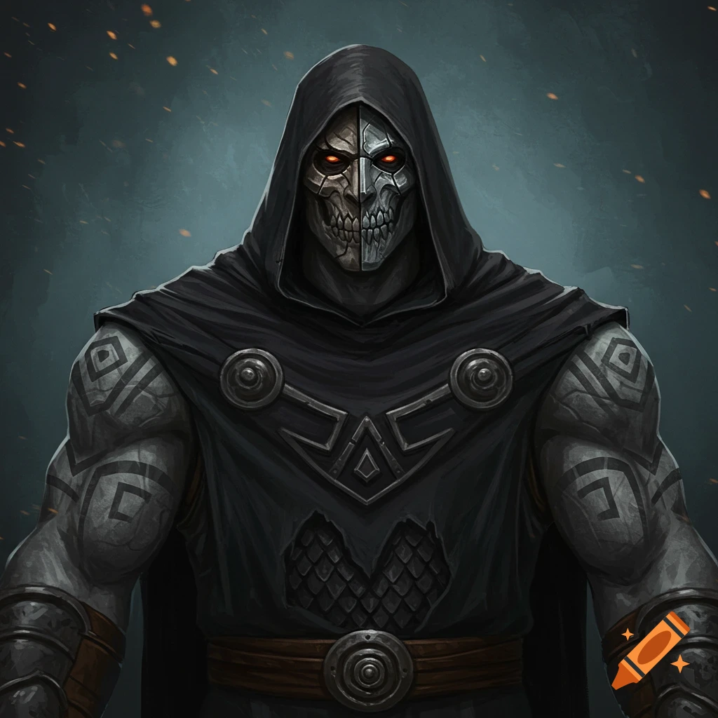 A muscular fantasy character is depicted in dark robes and a hood, wearing a metal half-skull mask.