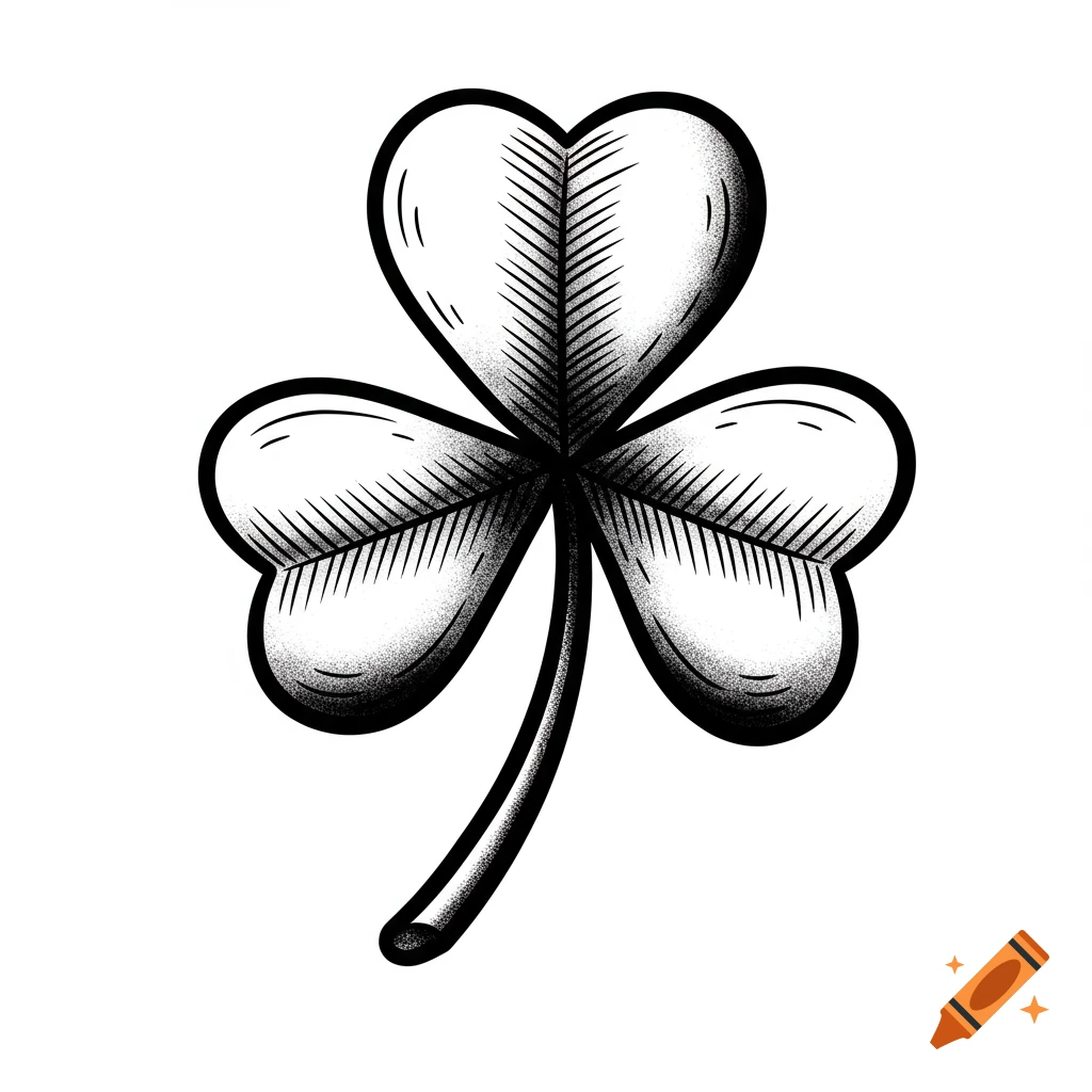 Black ink drawing of a three-leaf shamrock in traditional tattoo style.