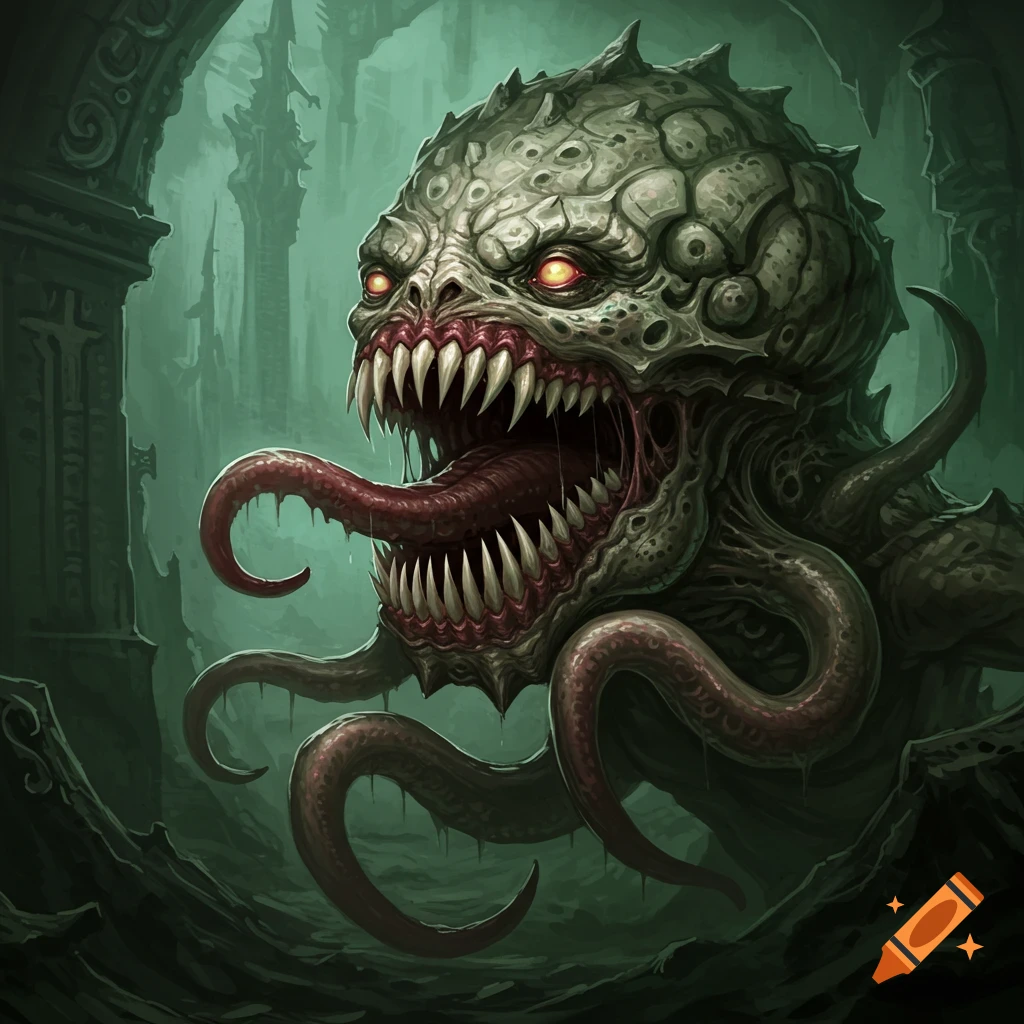 A lovecraftian monster with tentacles, sharp teeth, and glowing eyes in a dark ruin.