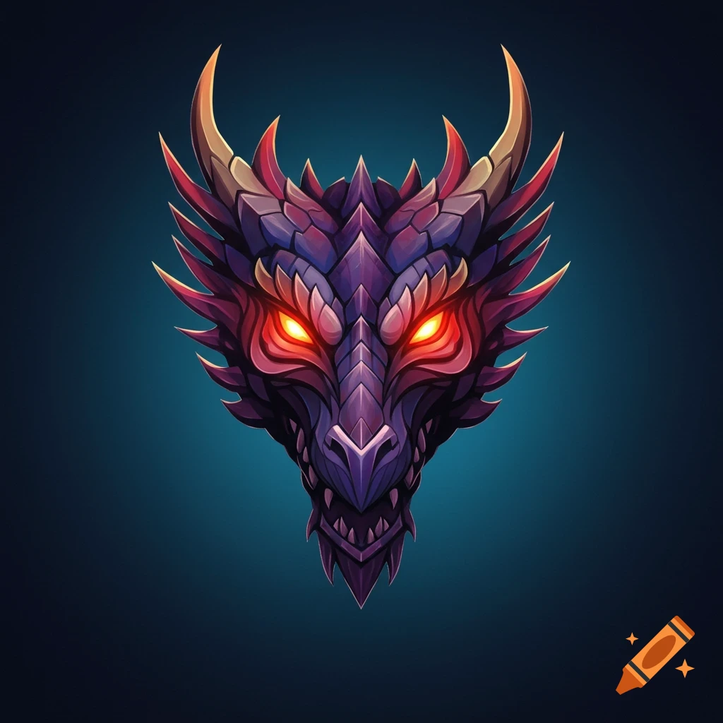 Stylized purple and red dragon head with glowing eyes