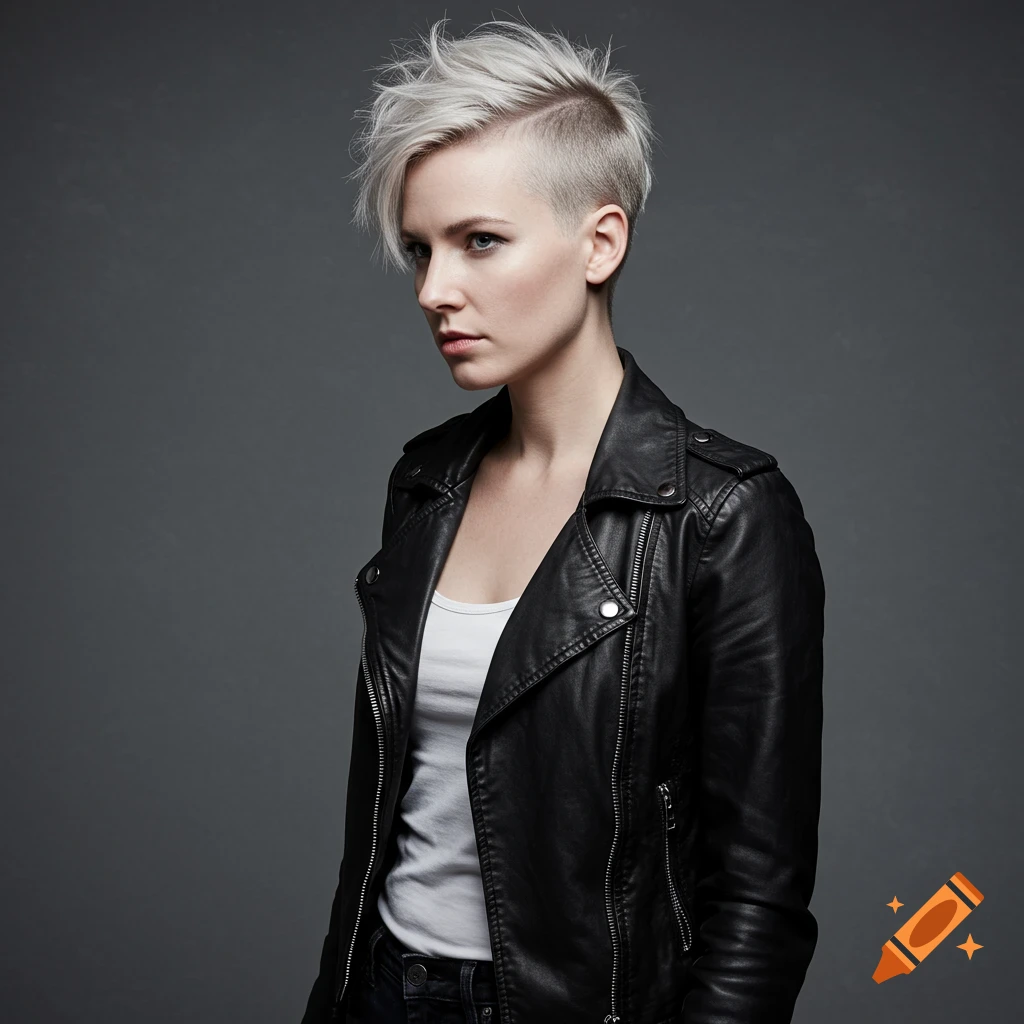 Woman with short white hair and shaved side, wearing a black leather jacket.