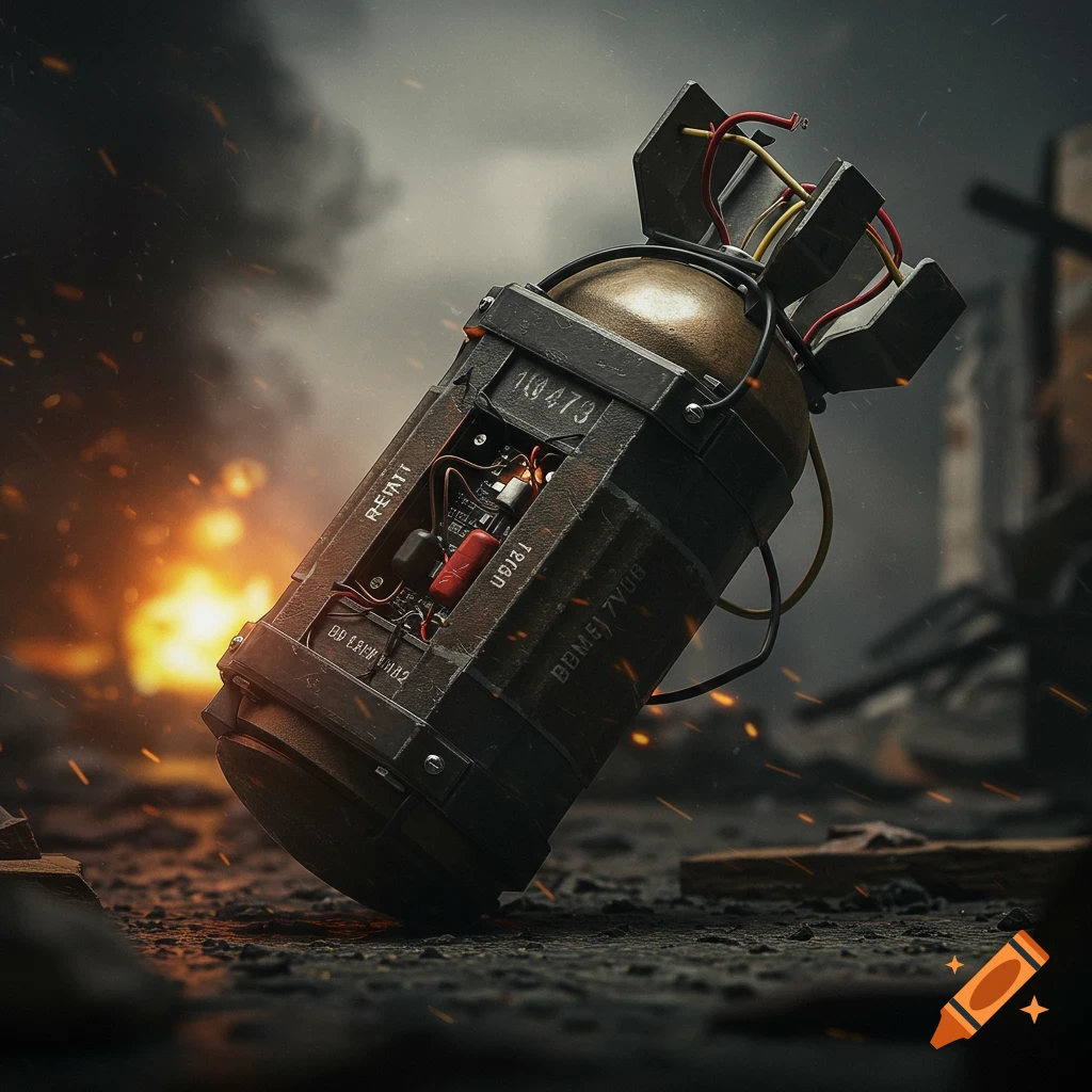 A detailed bomb sits on the ground in a ruined environment with fire.
