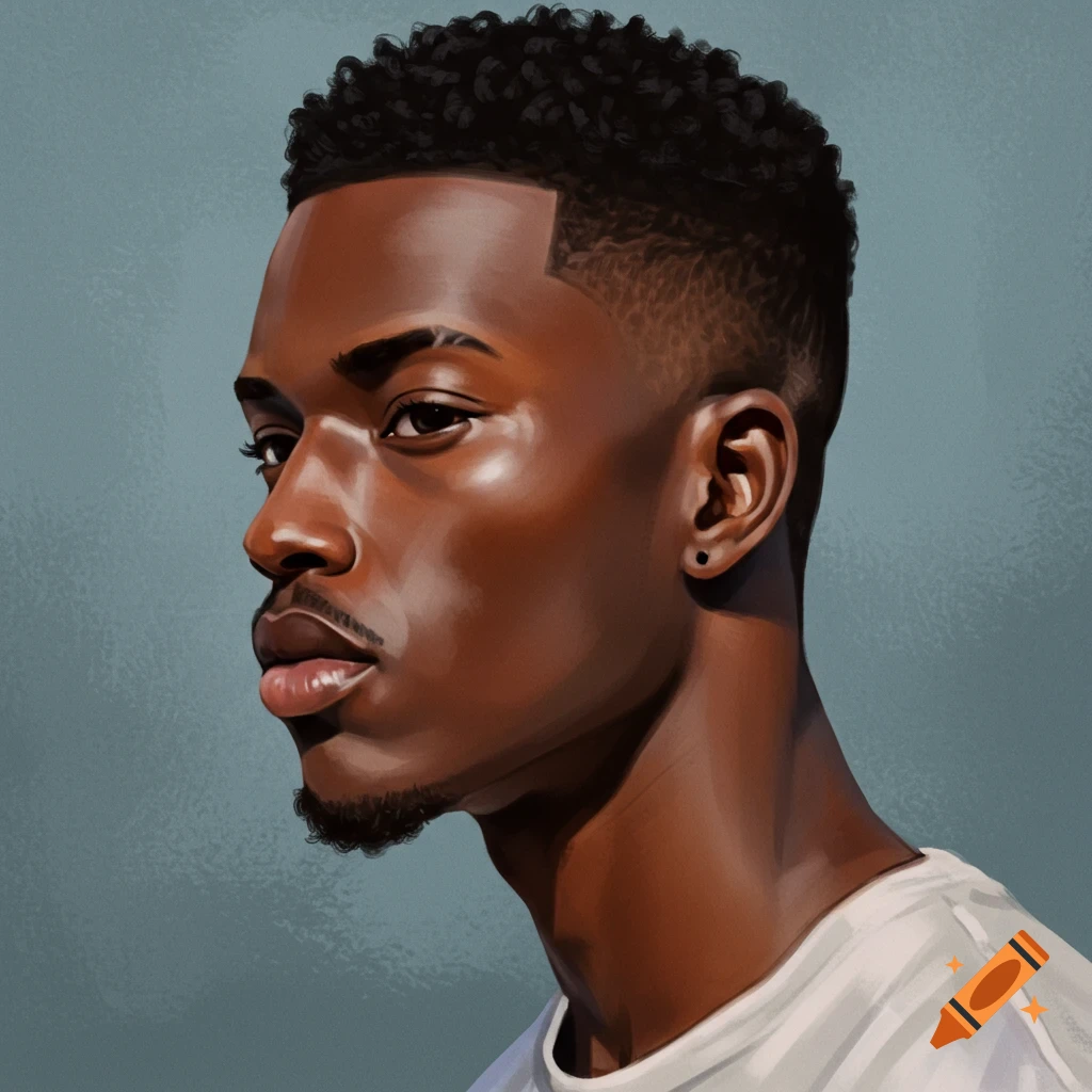 Portrait of a young Black man with a taper fade haircut.