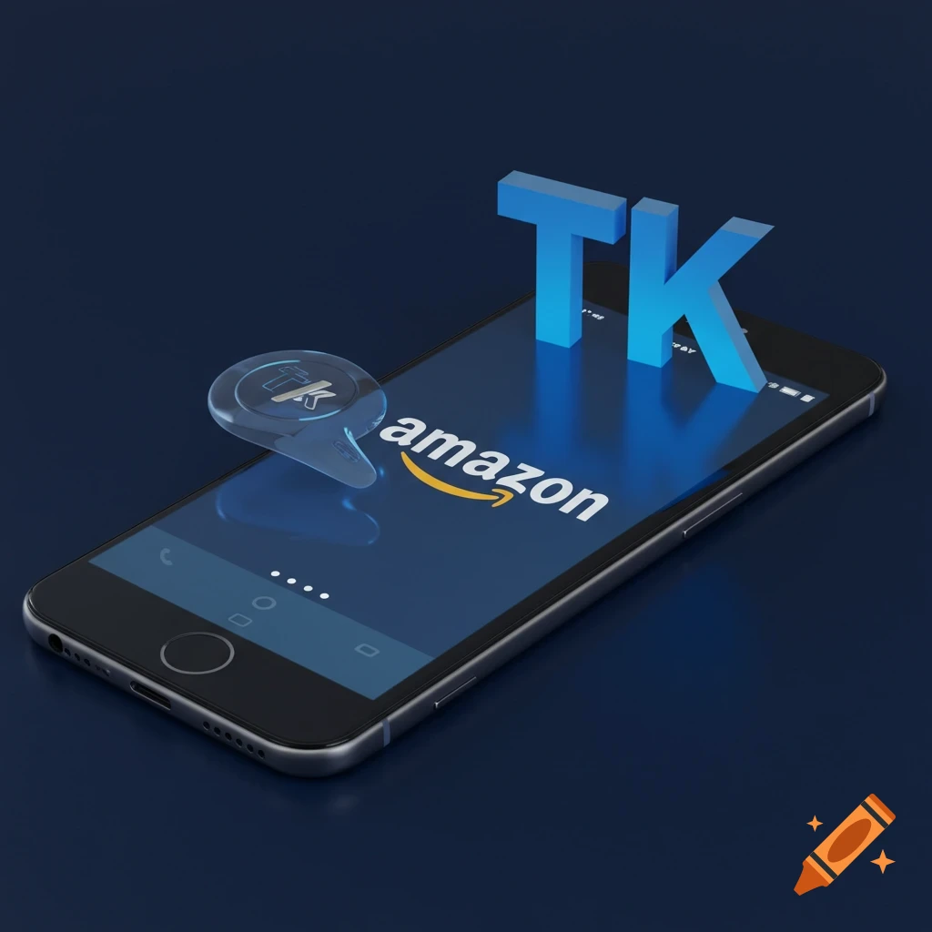 Smartphone with Amazon logo, 3D 'TK' letters, and a 'TK' pin on a dark background.