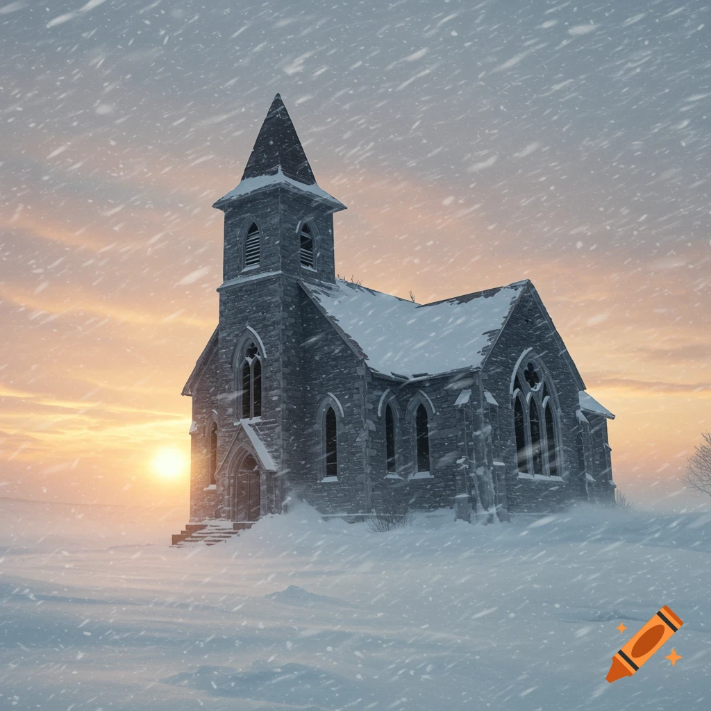 An abandoned stone church in a blizzard at dusk, surrounded by snow.