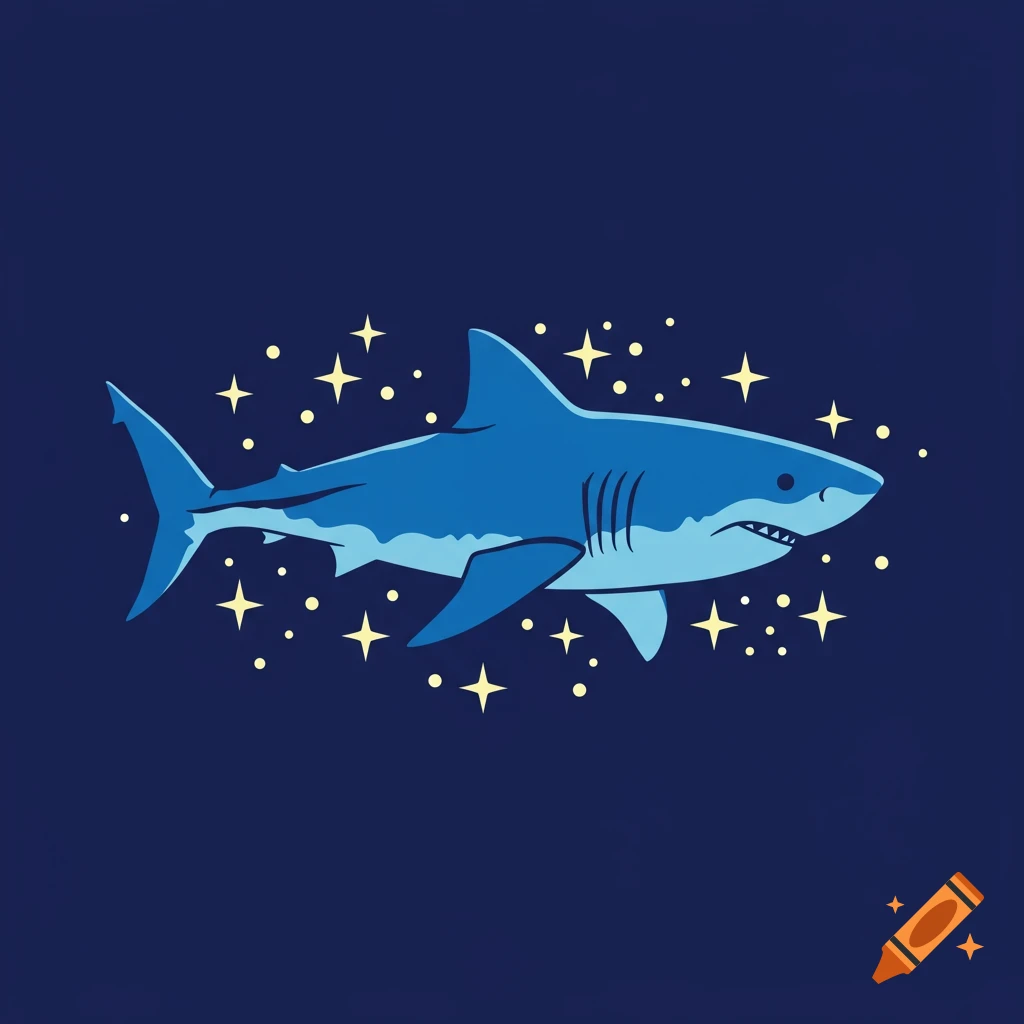 Vector graphic blue shark swimming among yellow stars on a dark background.