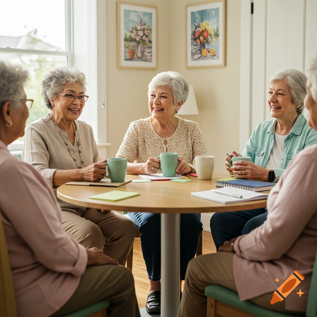 Senior women sit around a table in a sunlit room, talking and laughing over drinks.