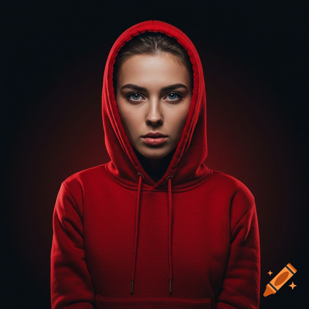 Studio portrait of a woman in a red hoodie looking at the camera.