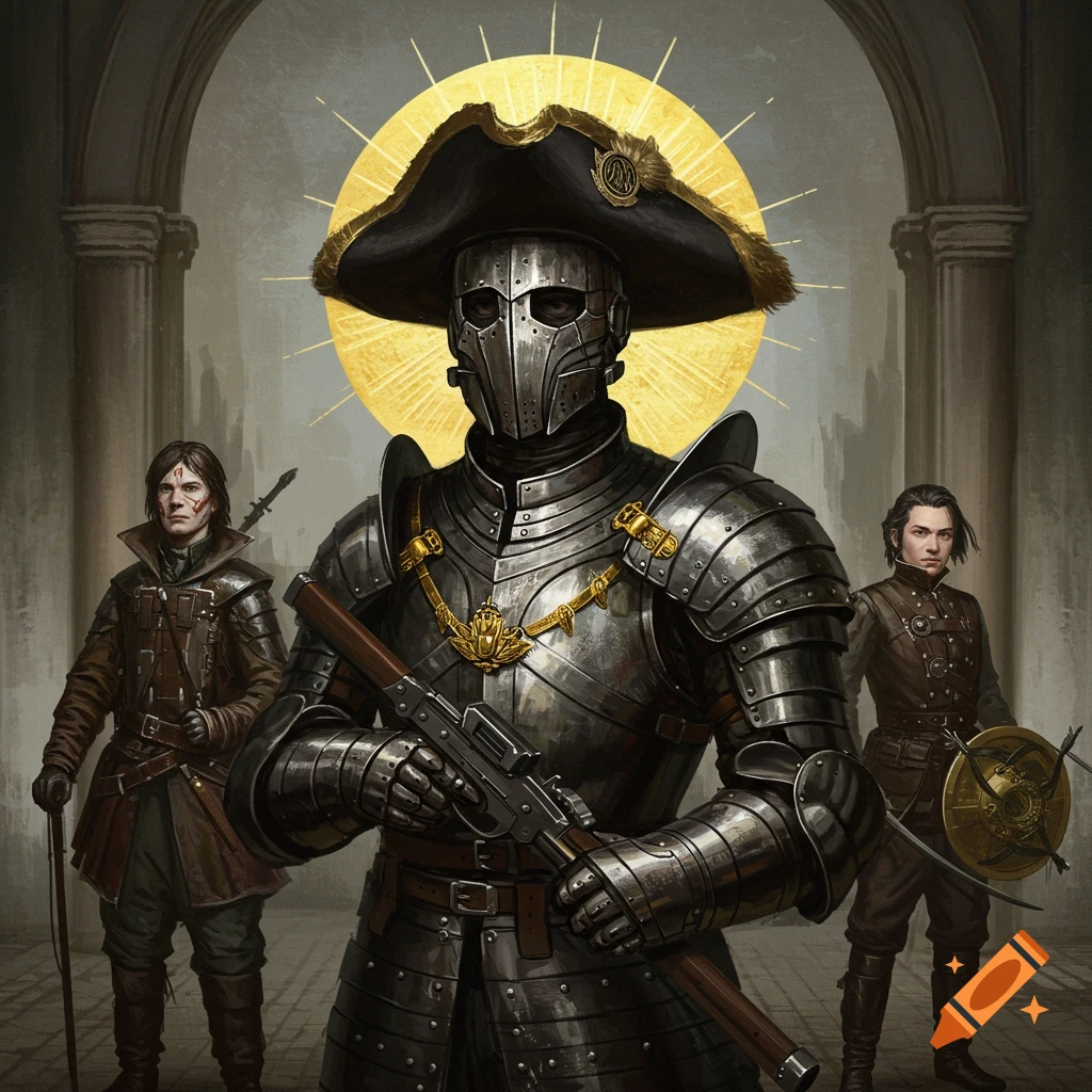 A heavily armored figure in a wide hat with two companions, against a background of arches and a golden sunburst.