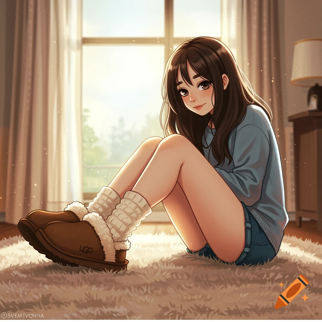 A girl in anime style sits on a rug in a cozy room, wearing slippers and socks.