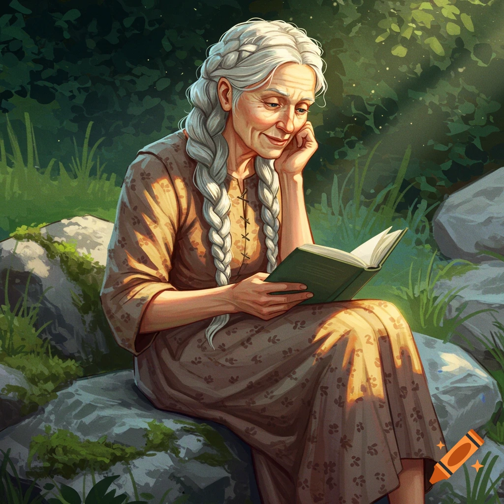 An older woman with braids is reading a book outdoors.