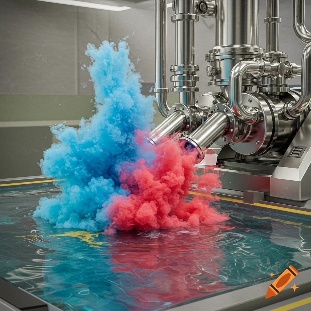 A machine pumping blue and red dust into water