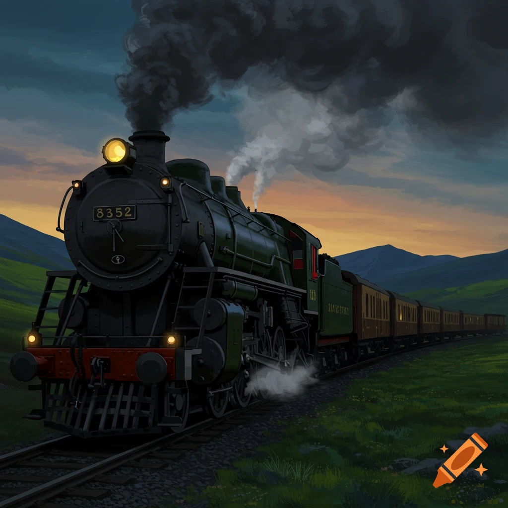 A black steam train pulling carriages through a green landscape at sunset.