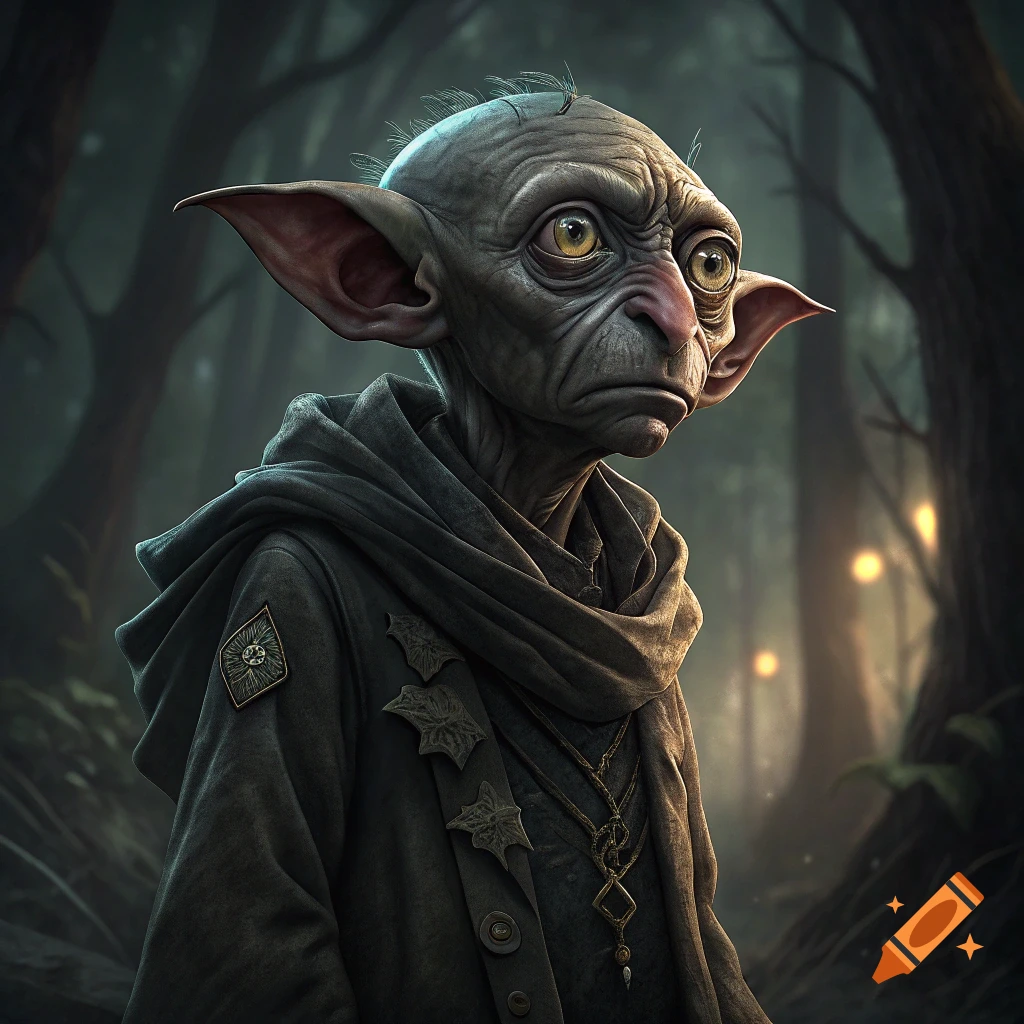 A creature resembling Dobby, dressed in dark clothes, stands in a forest.