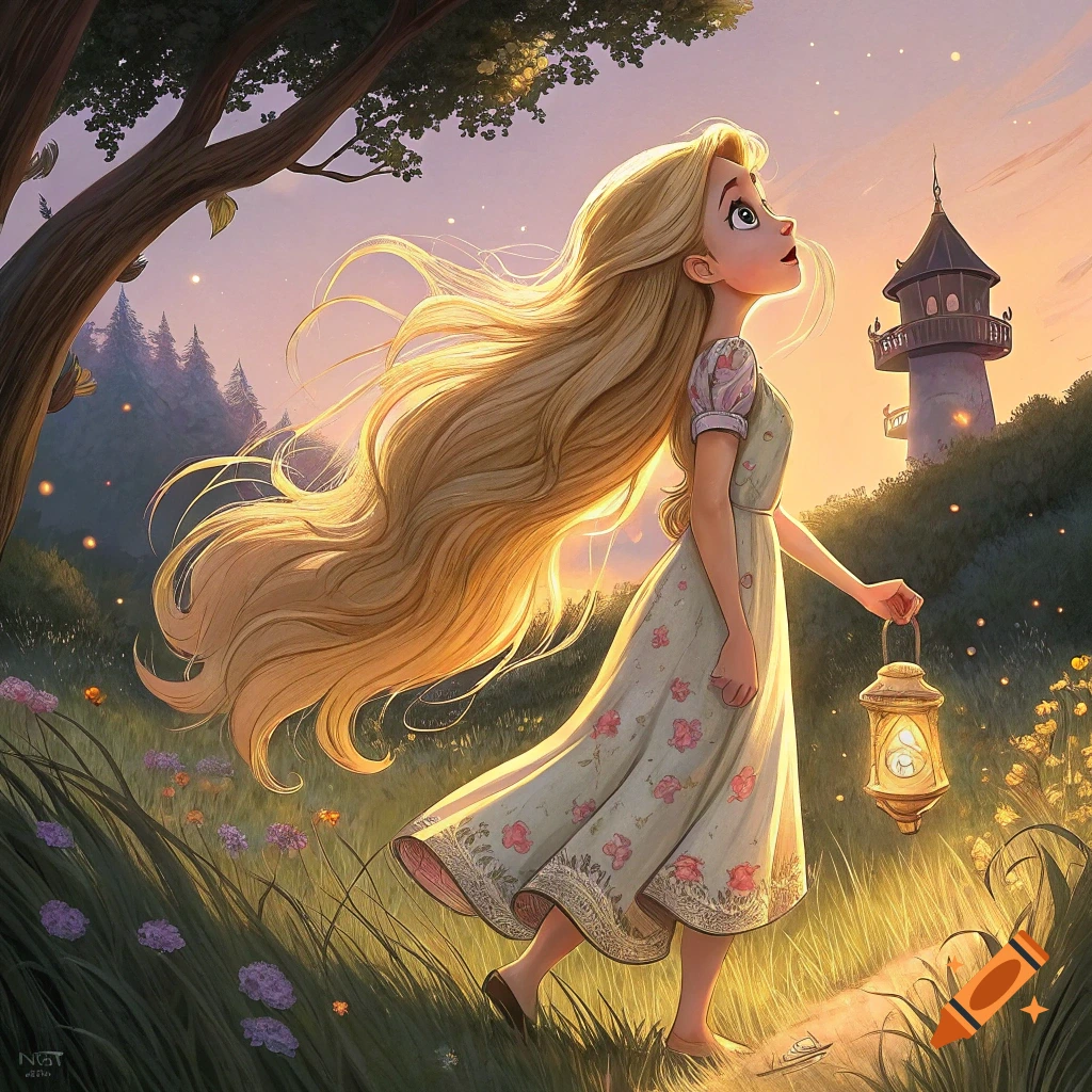 A stylized illustration of a girl with long blonde hair walking through a field at sunset, holding a lantern.