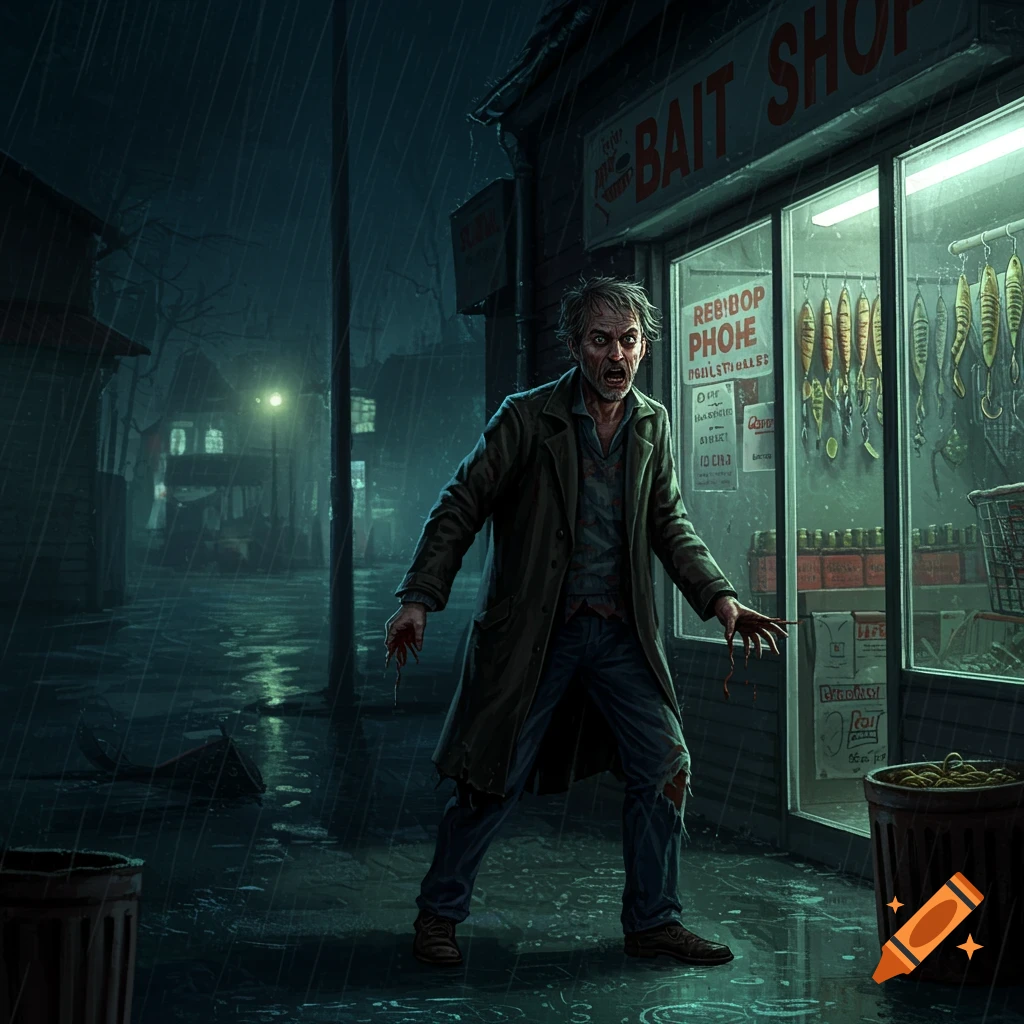 A menacing man with blood on his hands stands in the rain outside a bait shop at night.
