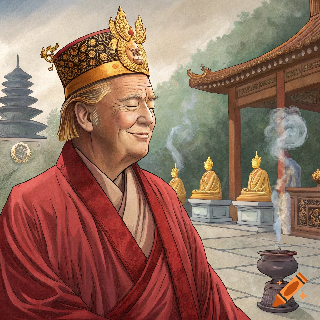 Illustration of a person resembling Donald Trump as a bodhisattva meditating in a temple