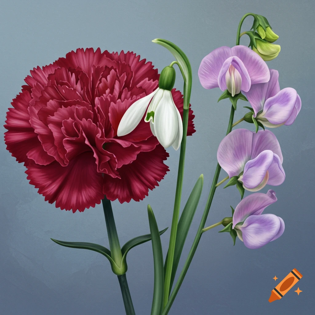 Red carnation, white snowdrop, and purple sweet peas.