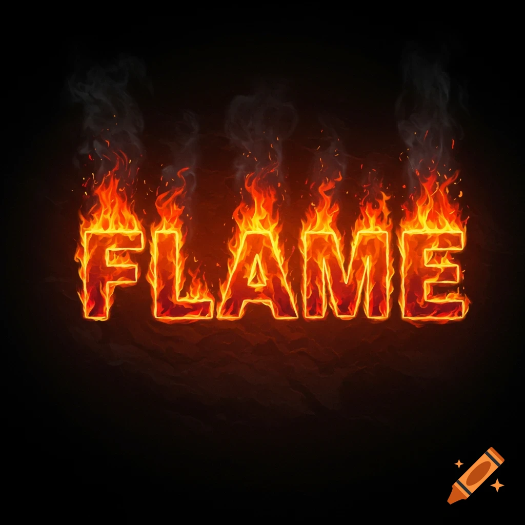 The word FLAME rendered in fire with smoke