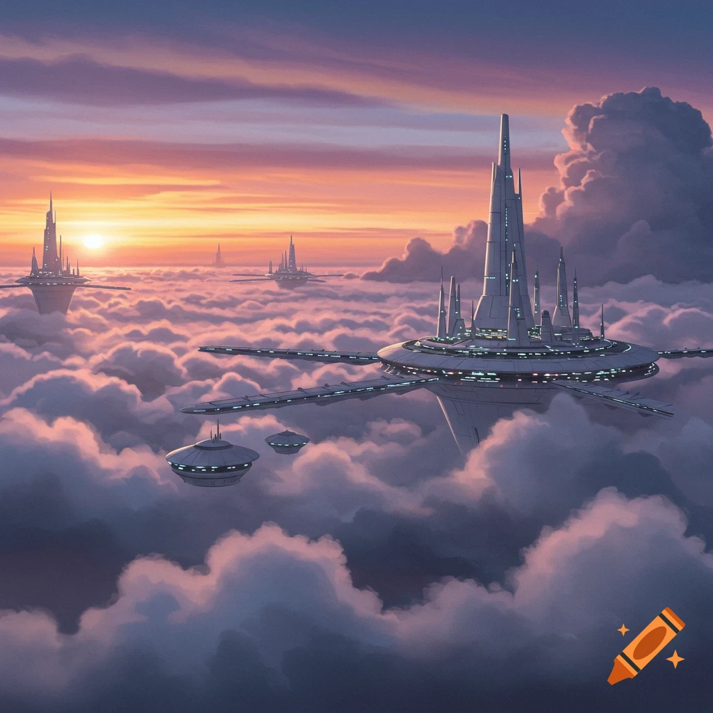 Futuristic white cities floating on clouds at sunset.